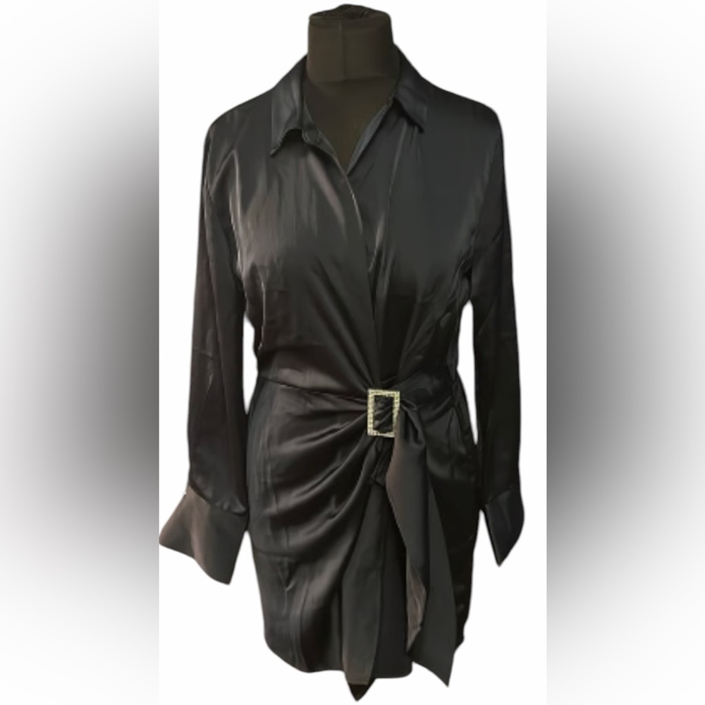 House of Harlow Black Satin Wrap Front Mini Dress Rhinestone Buckle Going Out
